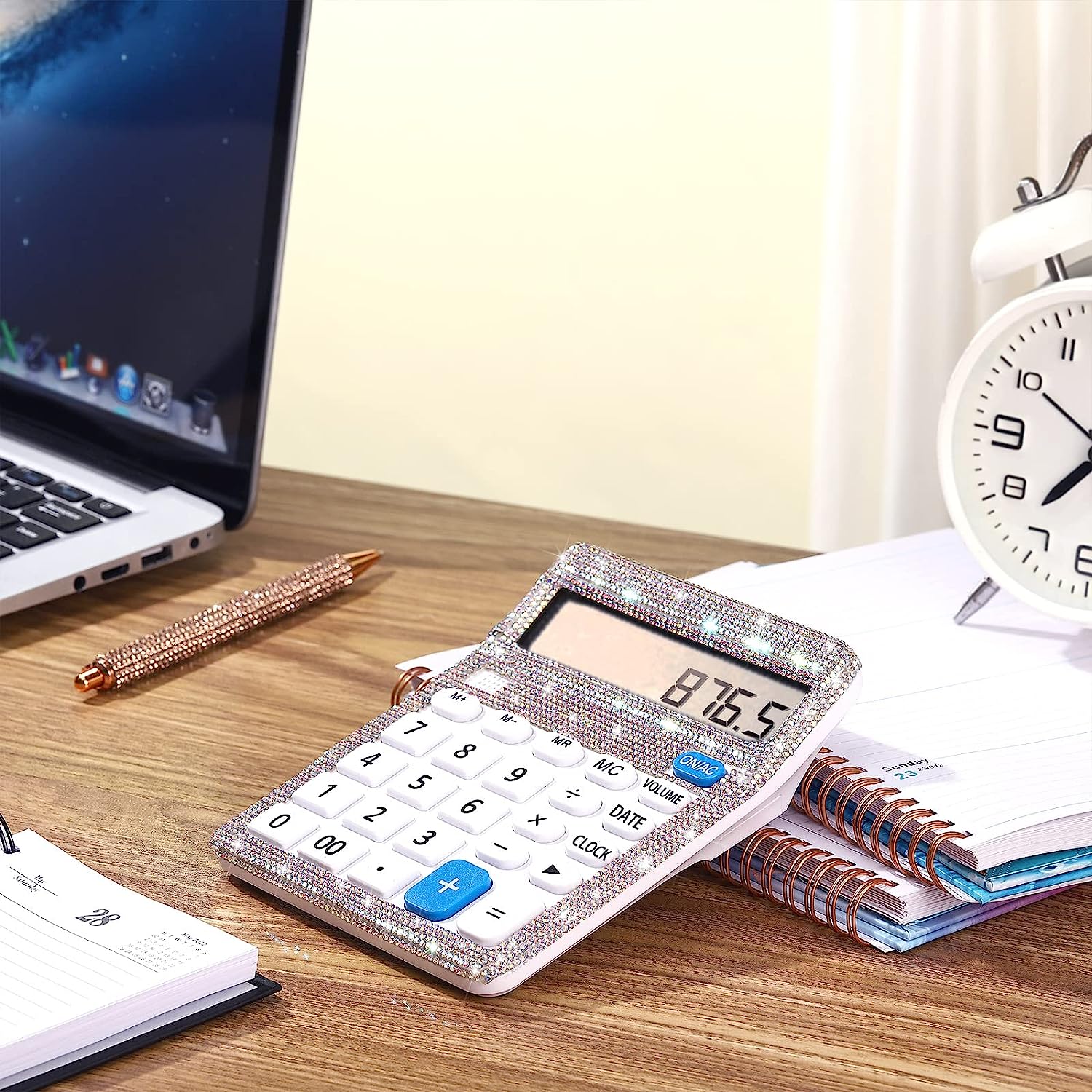 Stylish Bling Rhinestone Desktop Calculator 12 Digit Decorative Large LCD Display Office Calculator with Time Alarm Clock for Home School Office Desk Accessory, White - Image 7